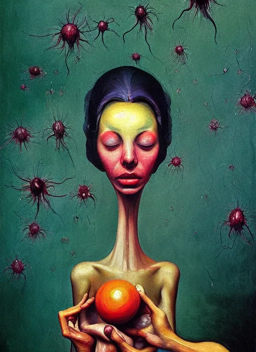 Image similar to Oil painting - She Eats of the Strangling Fruit and Her gossamer polyp blossoms bring iridescent fungal flowers whose spores black the foolish stars by Lucian Freud, and Mariusz Lewandowski, Abstract brush strokes, Masterpiece, Edward Hopper and James Gilleard, Zdzislaw Beksinski, Mark Ryden, Wolfgang Lettl highly detailed, hints of Yayoi Kasuma