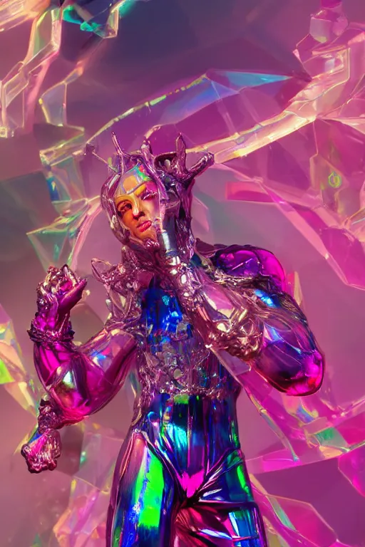 Image similar to hyper detailed ultra sharp fullbody photo of baroque and cyberpunk transparent pink gem sculpture of a muscular seductive muscular italian guido feeling muy cachondo, muy dotado, iridescent humanoid deity wearing pink plastic seethrough cloak, holding a rainbow tiger gem, blue diamond, glowing pink face, crown of white diamonds, cinematic lighting, photorealistic, octane render 8 k