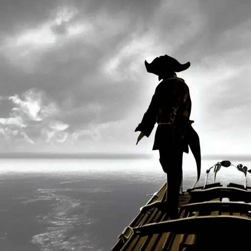 Prompt: a pirate standing on a skyship overlooking smoking crater