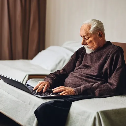 Image similar to elderly man sitting inside a casket browsing internet on laptop from a casket casket