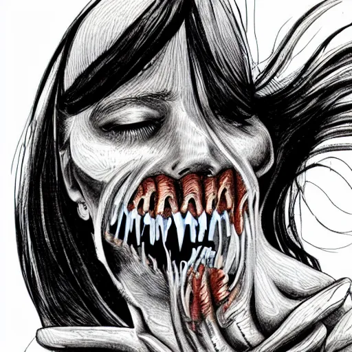 Image similar to body horror. a gorgeous woman with terrifying rotten teeth