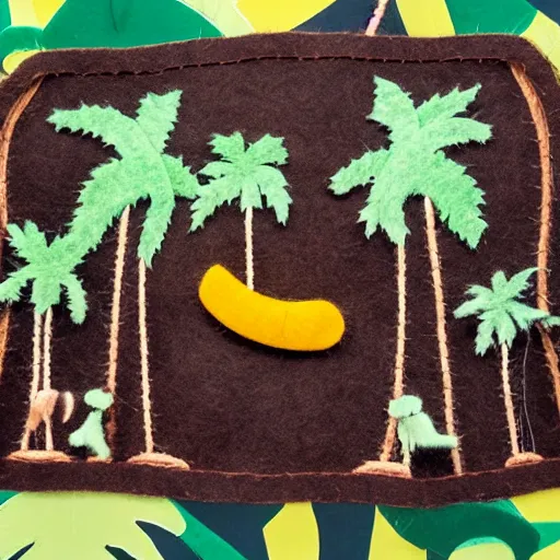 Image similar to detailed felt diorama of people sleeping in hammocks that look like bananas, jungle background with lots of palm trees