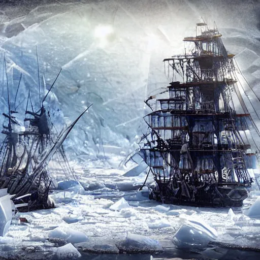 Image similar to pirate ship encased in ice in an icy bay, tilt shift, frostpunk, artwork by hiornaka