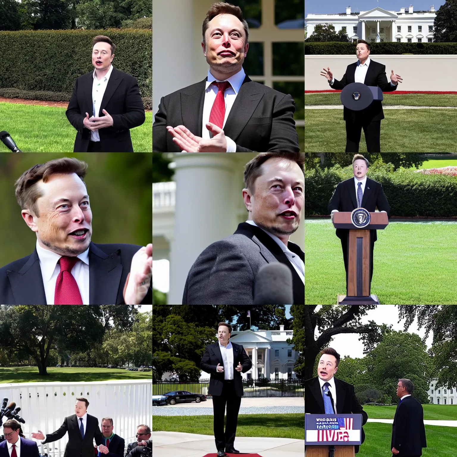 Prompt: elon musk as the president of the united states speaking to reporters on the white house lawn
