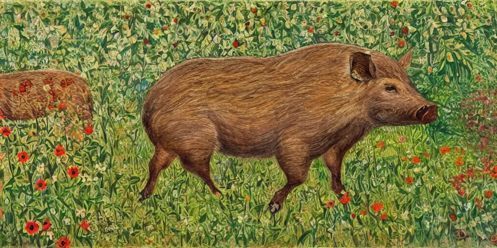 Prompt: Painting of a wild boar in the forest in style of Louis Wain