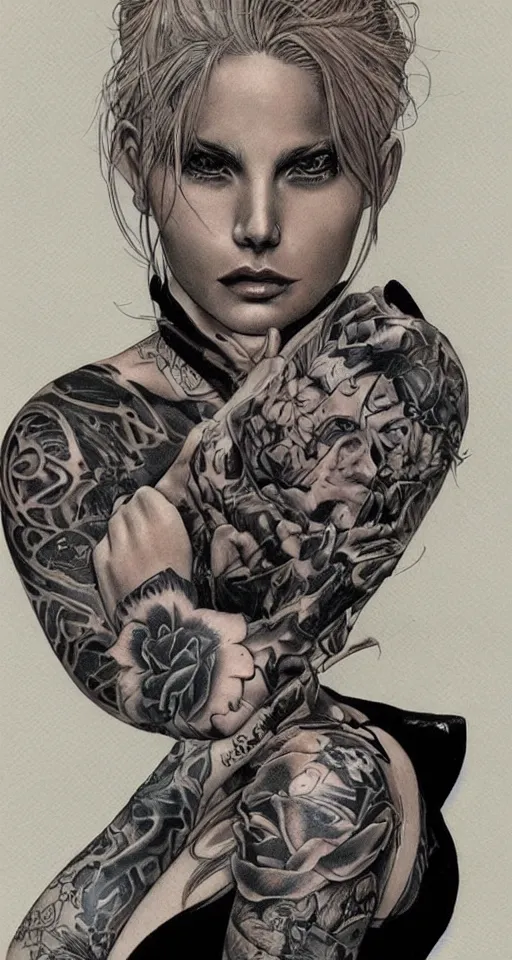 Image similar to a beautiful portrait of a woman with many tattoos, Travis Charest style