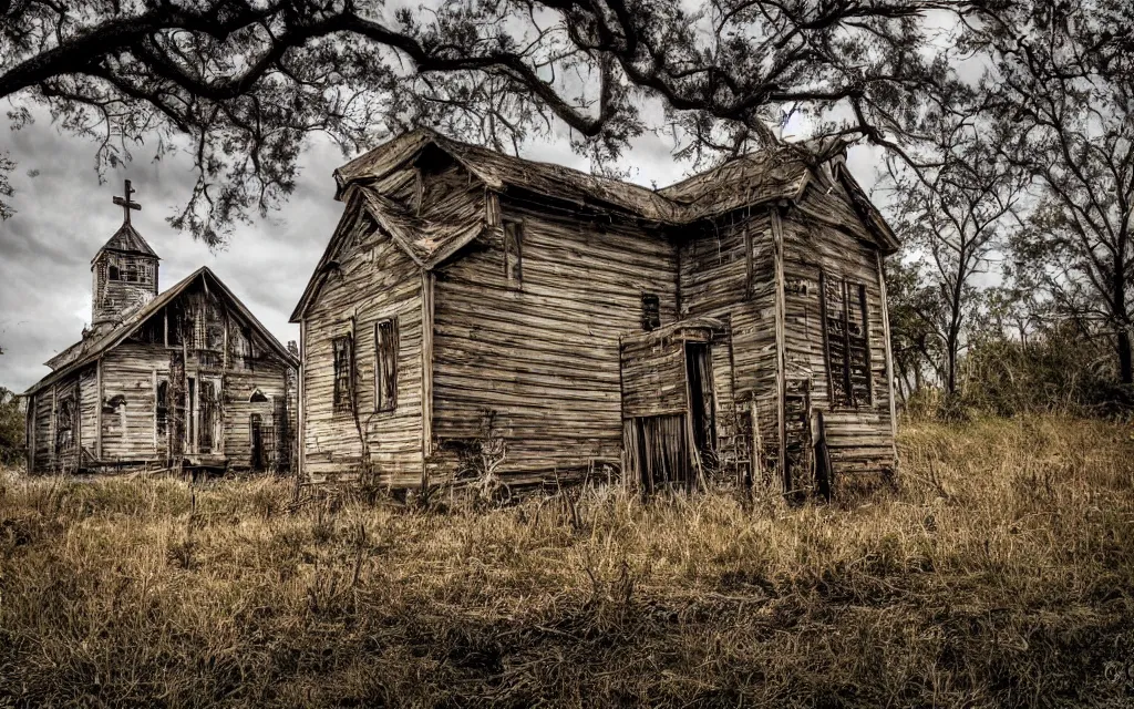 Prompt: an old wooden church rotting away in the bayou, realistic, old color photograph, dynamic composition, creepy