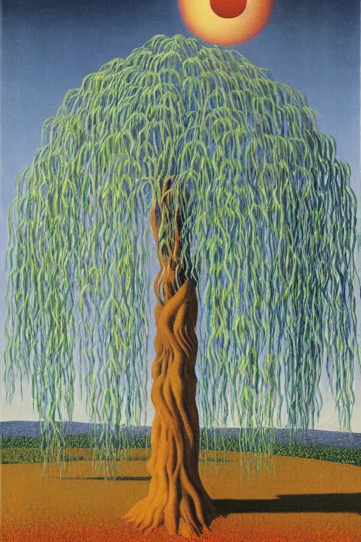 Image similar to weeping willow with an entrance to the entire cosmos by rene magritte and salvadore dali