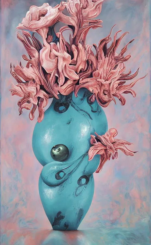 Image similar to a biomorphic painting of a vase with flowers and eyeballs in it, a surrealist painting by Bridget Bate Tichenor, by Georgia O'Keeffe, by Amanda Sage, pastel blues and pinks, featured on artstation, metaphysical painting, oil on canvas, fluid acrylic pour art, airbrush art, marbled