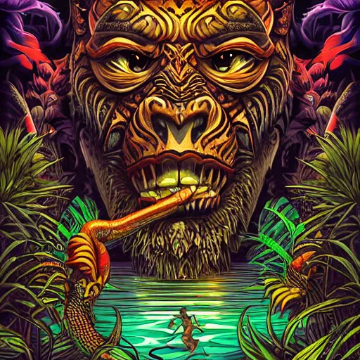 Prompt: barong family member at pool party, wiwek, mara demon, one single tribe member, jungle, one single mask, dark, ancient warrior, gorilla, lizard, tribal, inner glow, art by dan mumford and justin gerard