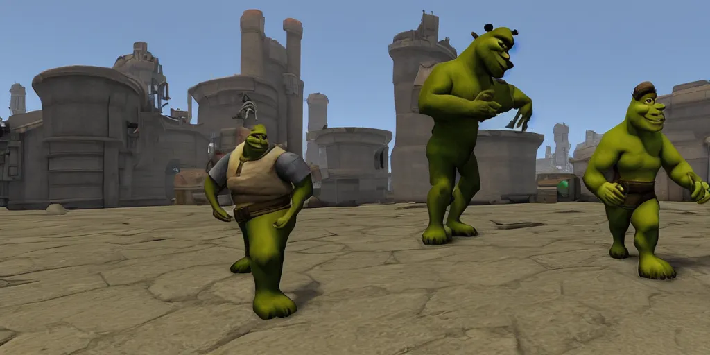 Prompt: shrek in team fortress 2, half life 2, garry's mod