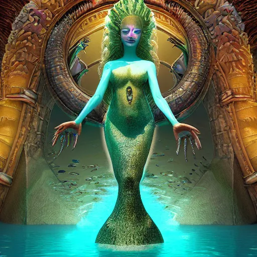 Prompt: unreal engine, octane render, intricate detail, gilbert williams portrait of tan sumerian mermaid goddess atargatis, with aqua neon rapunzel dreadlocks adorned in seashells, near crystal temple in atlantis, iridescent dolphins swimming in the sea, unicorn flying in the sky, paleozoic atlantis