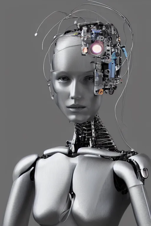 Image similar to robot with human face, female head, full body angle, woman human face, human face realistic, beautiful blonde hair, human head, human head with blonde hair, blonde hair human head, blonde hair, human realistic face, human head skin, cyborg frame concept, cyborg by ales-kotnik, sci-fi android female, the body is made of wires, robotic body, cyborg body, cyborg bust body, robot body cyborg, full body