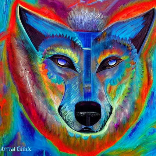 Image similar to an anthromorphic wolf robot using crack, by amanda clark in a psychedelic style, oil on canvas