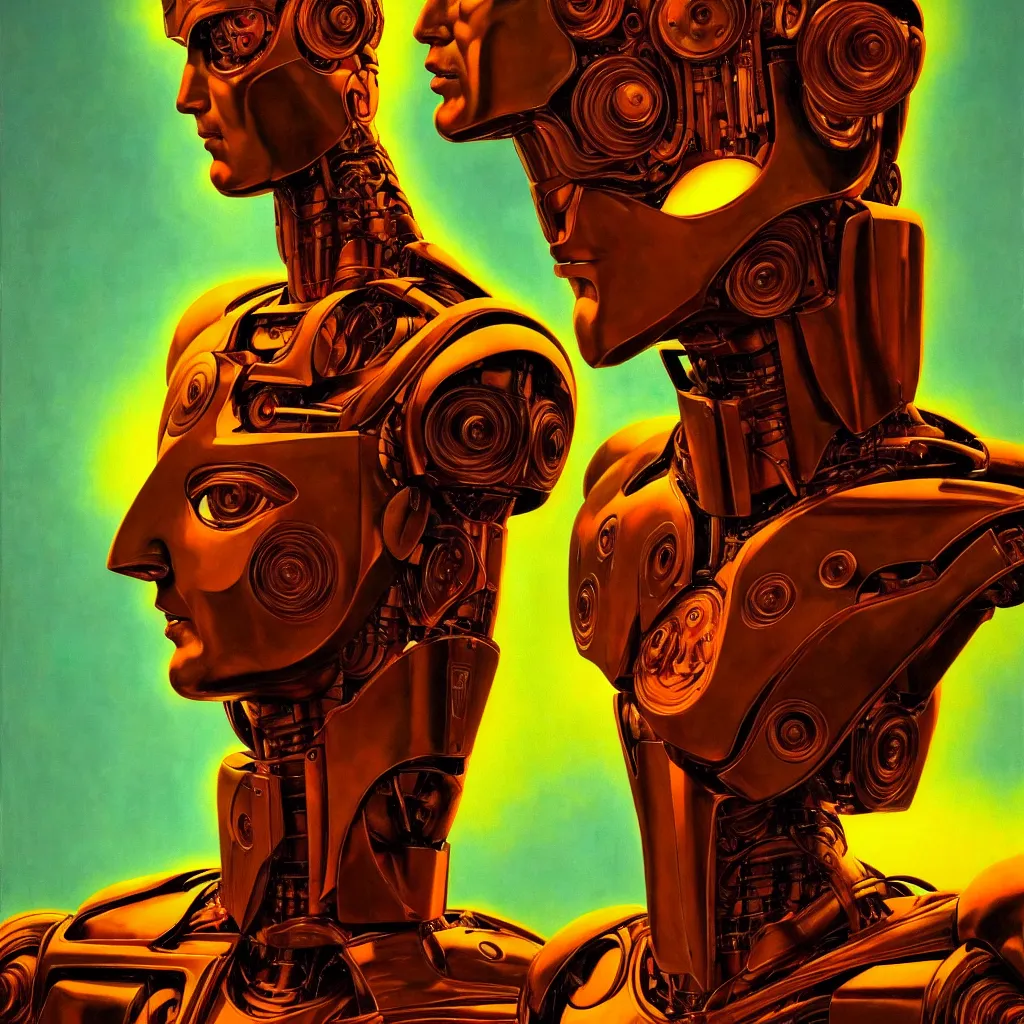Image similar to cinematic bust portrait of psychedelic god robot from left, head and chest only, robotic improvements, part of Moebius, part of maxfield parrish, part of Thomas Ehretsmann,, oil on canvas, masterpiece, trending on artstation, cinematic composition, dramatic pose, beautiful lighting, sharp, details, hyper-detailed, volumetric lighting 4K