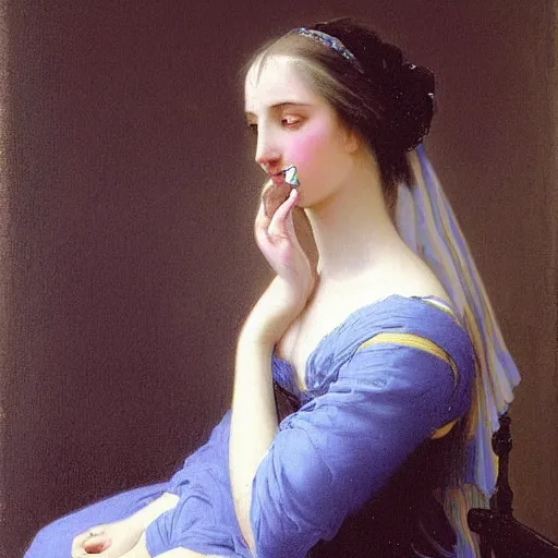 Prompt: a young woman’s face, her hair is silver, she wears a long flowing blue satin veil, by ivan aivazovsky and pieter claesz and paul delaroche and alma tadema and august malmstrom and and willen claesz heda and aelbert cuyp and gerard ter borch and alphonse mucha, hyperrealistic, volumetric light, rendered in octane, c4d