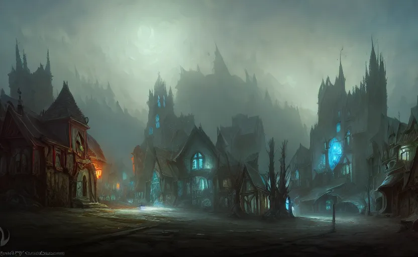 Prompt: extreme long shot concept art depicted an old english mystic town, dramatic mood, overcast mood, dark fantasy environment, art by legends of runeterra and league of legends and arcane, art by tony sart, art by thornton oakley, art by darek zabrocki, trending on artstation, unreal engine