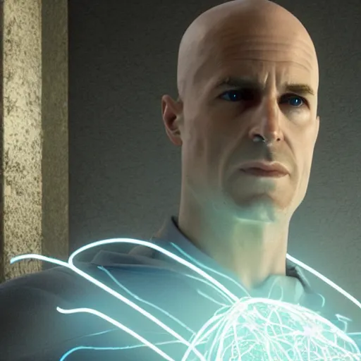 Image similar to A still of Dr. Manhattan as John Constantine, award winning photo, unreal engine, highly detailed features