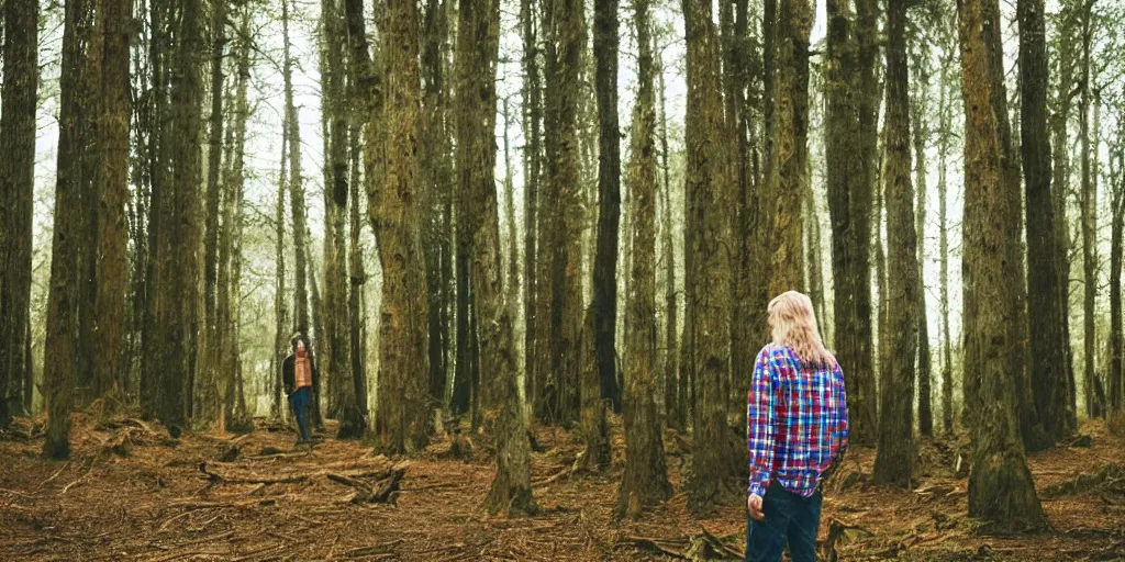 Prompt: tall!!! (((blond))) man wearing a flannel shirt in a forest, long wavy hair, long blond hair, blond, forest, trees, flannel shirt, lumbarjack, photo, low angle photo,