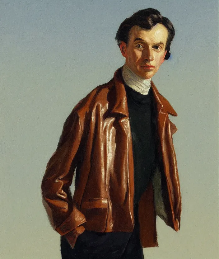 Prompt: a very detailed portrait of a man wearing an 8 0 s jacket with big shoulder pads, very aesthetic leather jacket, detailed closeup of leather jacket, front view, in the style of edward hopper and oswald hornby joseph birley and susan ryder, very small brushstrokes, 4 k,