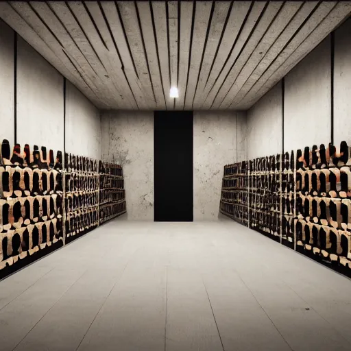 Image similar to symmetry, parallel perspective with center end point, parallax mapping of brutalist shop, lots of wine bottles, octane render, high quality