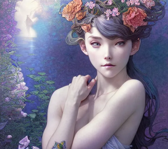 Prompt: ' lost in a lucid dream, my soul drifted away ', beautiful shadowing, 3 d shadowing, reflective surfaces, illustrated completely, 8 k beautifully detailed pencil illustration, extremely hyper - detailed pencil illustration, intricate, epic composition, masterpiece, bold complimentary colors. stunning masterfully illustrated by artgerm, range murata, alphonse mucha.