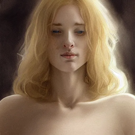 Prompt: A pregnant albino woman with closed eyes smiling, very detailed sharp angular masculine face, hooked nose and square jaw long fluffy curly blond hair, (12x) extremely pale white skin, light blond hair, gorgeous, beautiful, intricate, highly detailed, digital painting, artstation, concept art, sharp focus, illustration, art by greg rutkowski and alphonse mucha