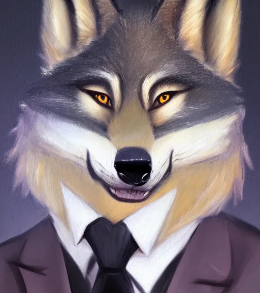 Prompt: full figure oil painting of anthromorphic furry female wolf, in style of zootopia, female fursona, furry, furaffinity, 4 k, deviantart, furry art, fursona art, wearing black business suit, business suit, wolf fursona, expressive feminine face, female,