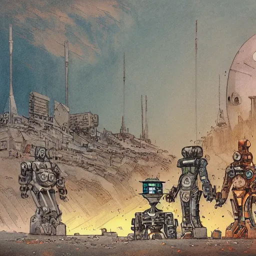 Prompt: robot civil war has destroyed robot city on planet robot, by john baptiste monge, muted colors