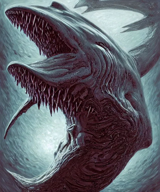 Image similar to hziulquoigmnzhah, head dangling underneath body!!!!, gigantics shark mouth, spherical body, elongated arms, short legs, lovecraftian horror!, surrealism, fantasy, intricate, elegant, highly detailed, digital painting, artstation, concept art, matte, sharp focus, illustration, art by keith thompson and christopher lane