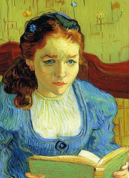 Prompt: lifelike oil painting portrait of belle reading a book by van gogh