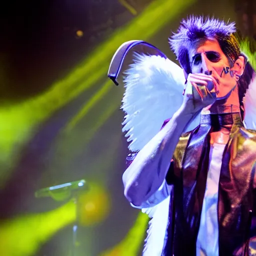 Image similar to perry farrell singing live on stage, dressed as an angel, photographic quality, live concert photo