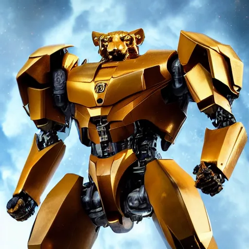 Prompt: a long shot photography of a jaeger which based on the concept of a male lion, gold, with tail, animal style head, in the style of the movie pacific rim, detailed, 4k