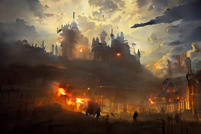 Prompt: baroque oil painting of anime key visual environment concept art of anime rail canon artillery firing over castle walls, smoke debris, grimdark steampunk fantasy, battlefield, trending on artstation, brush strokes, oil on canvas, style of makoto shinkai and greg rutkowski and studio ghibli