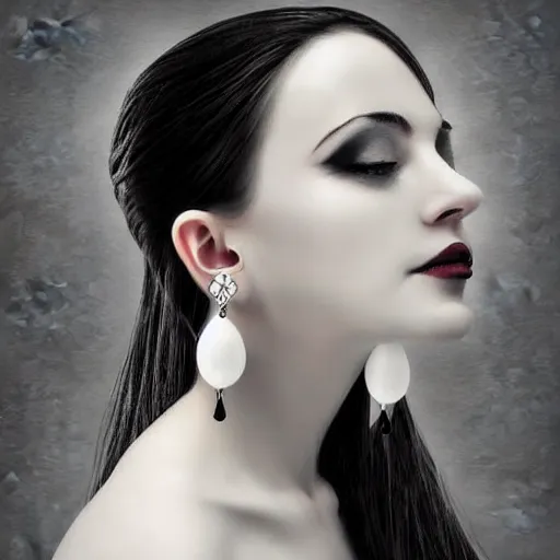 Prompt: digital art painting portrait of elegant gothic lady with earrings, black and white, hard edges, high quality, textured, by caestrad, young, dark background, mystic, goddess, perfect lighting, high contrast, arstation, artgerm, wlop, soft - focus, lightrays