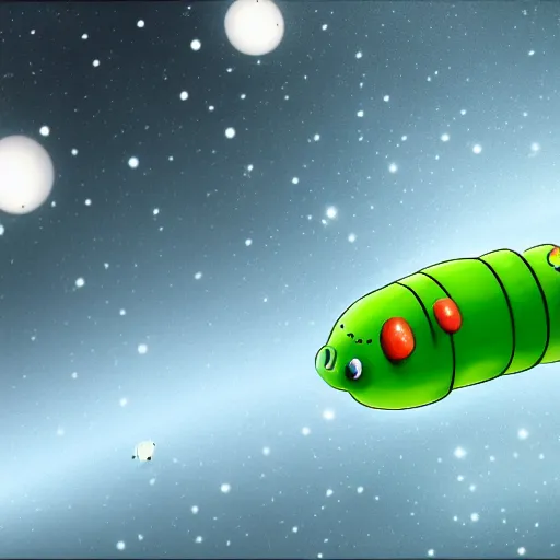 Image similar to a cute green caterpillar spinning a chrysalis inside a space station, sci-fi illustration