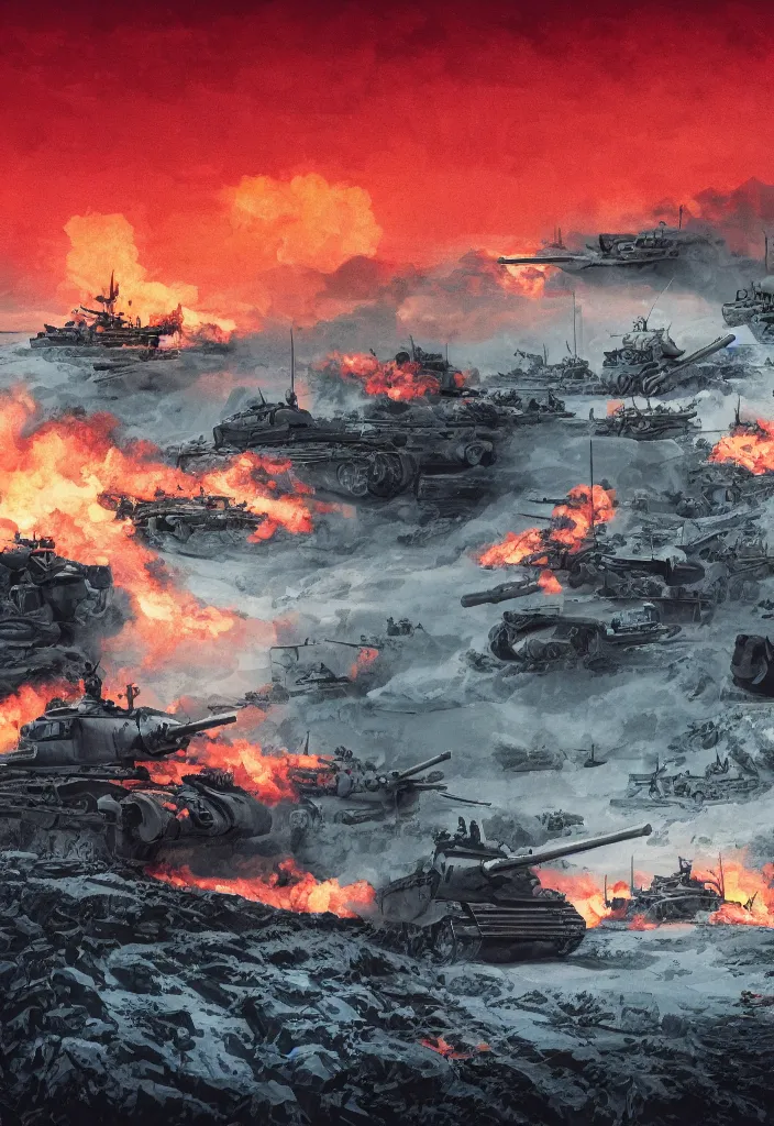 Prompt: handmade illustration of an epic World War II war scene in the winter with nazi and soviet tanks, some smoke and fire, blue sky with dramatic clouds, line art, ballpoint, oil on canvas by Kilian Eng and by Jake Parker, heavy brushstrokes, winning-award masterpiece, fantastic, octane render, 8K HD Resolution, High quality image