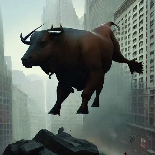 Prompt: a happy bull flying in the wall street by greg rutkowski and thomas kinkade, trending on artstation, 3 d render octane