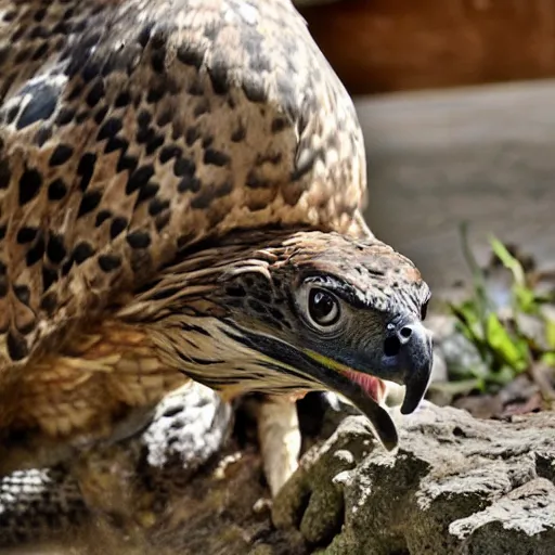 Prompt: hawk and rattlesnake mutant animal , realistic, picture taken in zoo