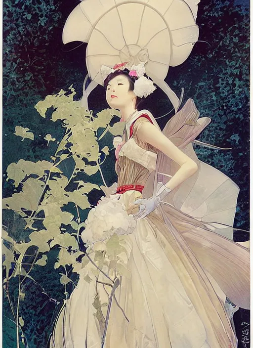 Prompt: a copic maker art nouveau portrait of a japanese girl detailed features wearing a puffy futuristic weeding dress designed by balenciaga by john berkey, norman rockwell akihiko yoshida