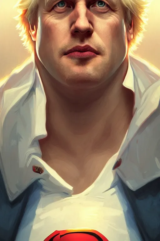 Image similar to Boris Johnson as Superman,realistic portrait, symmetrical, highly detailed, digital painting, artstation, concept art, smooth, sharp focus, illustration, cinematic lighting, art by artgerm and greg rutkowski and alphonse mucha