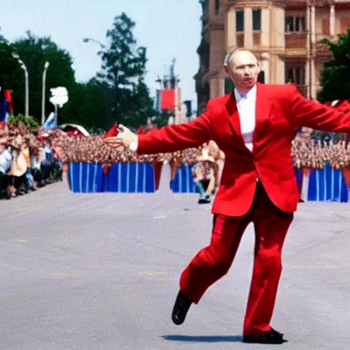 Prompt: putin dancing in a pride parade, film still, photography