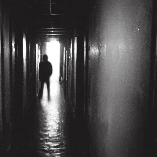 Image similar to photograph of an extremely dark narrow hallway with glowing humanoid monster made out of tv static, dark deep black shadows, red and black color contrast in the style of trevor henderson