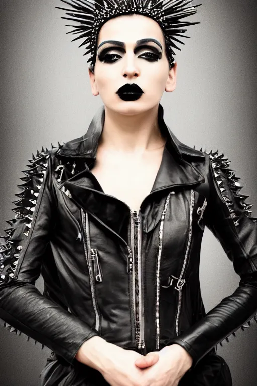 Prompt: a genderqueer iranian woman in a black leather outfit with spikes on her head, a high fashion character portrait by christen dalsgaard, featured on behance, gothic art, androgynous, genderless, gothic