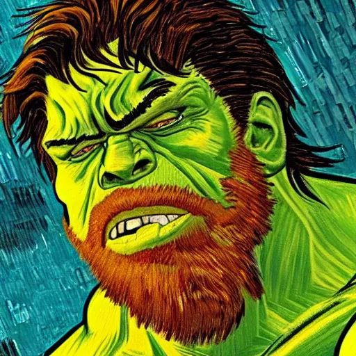 Prompt: The Incredible Hulk in the style of Vincent Van Gogh, masterpiece digital painting, 4k wallpaper, intricate detail, beautiful, gorgeous, stunning, artstation