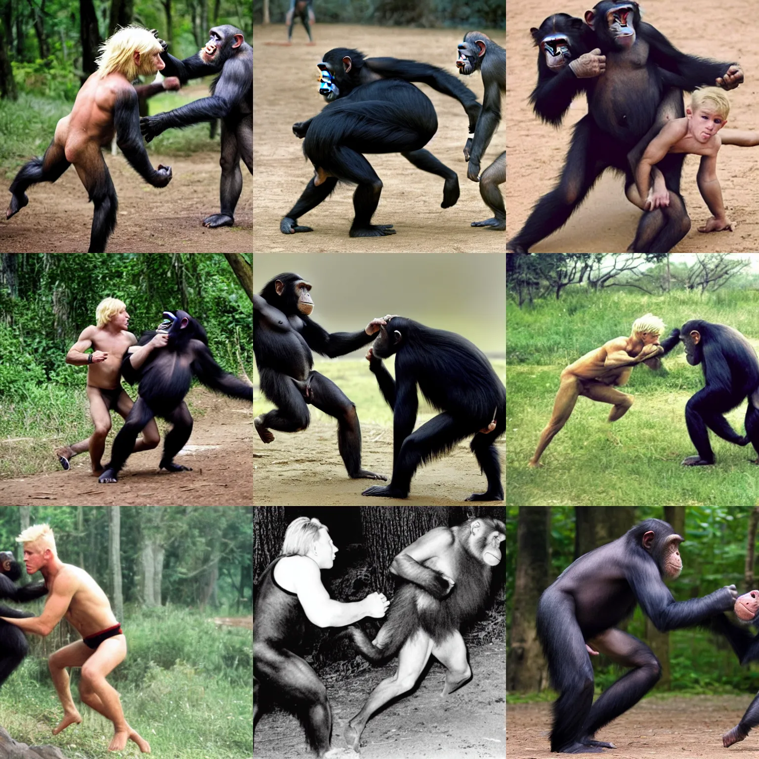 Prompt: photograph of a blond male named josh fighting a chimpanzee.