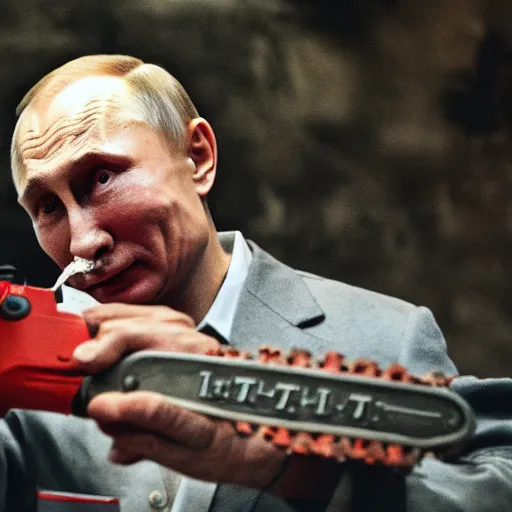 Image similar to putin with a chainsaw. in a concrete bunker with a pile of corpses. focus on putins face with blood splatters. canon eos r 3, f / 1. 4, iso 1 6 0 0, 1 / 8 0 s, 8 k, raw, grainy