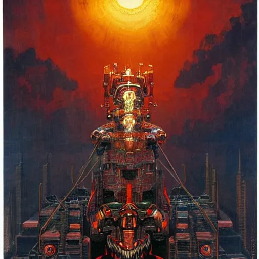 Prompt: giant mayan mecha with flaming eyes standing over city, perfectly clear face, by j. c. leyendecker and beksinski