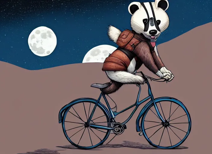 Image similar to a cell shaded cartoon badger riding a bicycle, with a big head, on a desert road, wide shot, in front of a big moon, muted colors, post grunge, josan gonzales, wlop, by james jean, victor ngai, hq, deviantart, art by artgerm