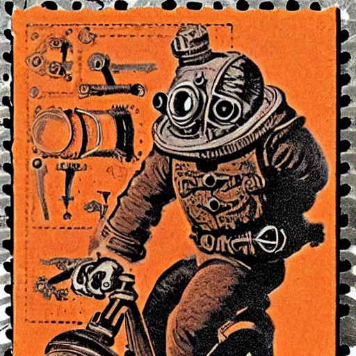 Prompt: bioshock steampunk orange mohawk Streetfighter Gnome Santa riding an intricate clockwork gearwork automaton springs gears bolts wires golem vehicle traveling stamp postcard winslow homer craig j. spearing thomas eakins